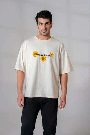White Graphic Sunflower Puff Print Oversized Tee