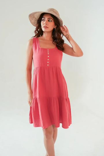 Women's Coral Cotton Tiered Dress