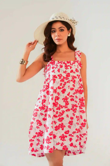 Women's White & Red Floral Print Sundress with Ruffle Straps