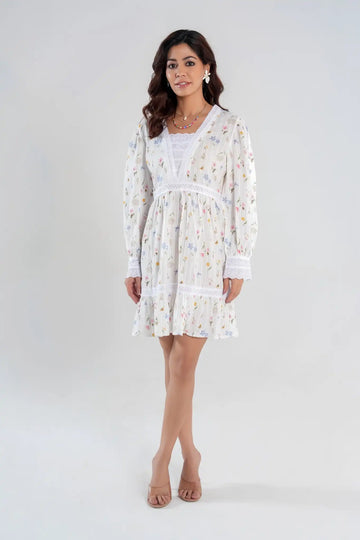 White Floral Lace Insert Long Sleeve Dress
