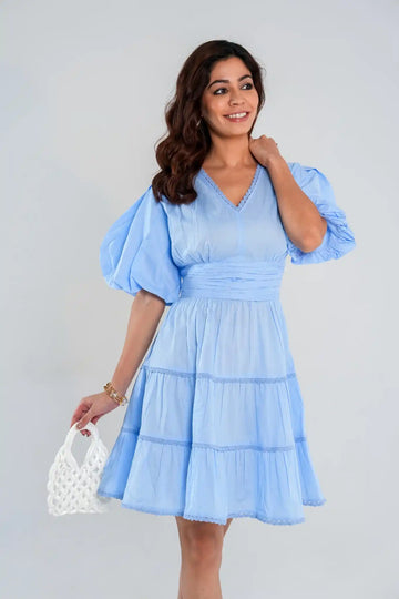 Women's Blue Tiered Dress with Balloon Sleeves and Lace detail