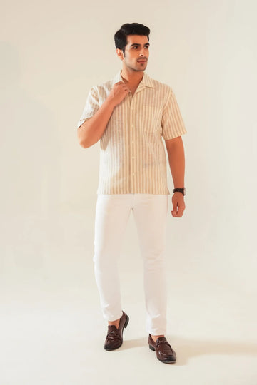 Beige Striped Linen Blend Oversized Shirt