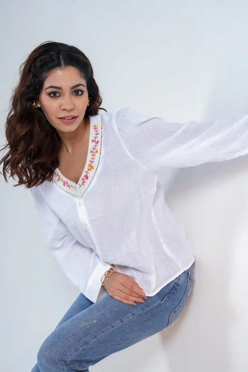 White Textured Cotton Long Sleeve Shirt with Embroidered Neckline