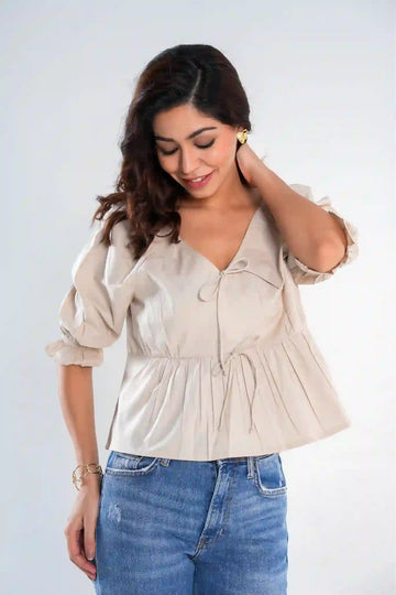 Beige Cotton Peplum Top with Tie Front and Puff Sleeves