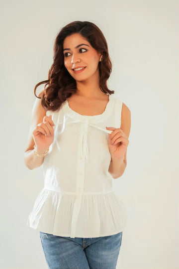 White Sleeveless Peplum Button Up Top with Frill detail