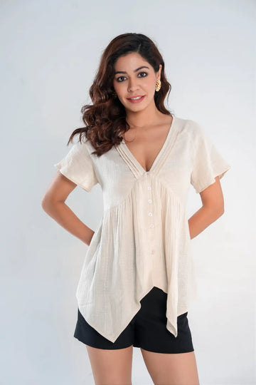 Beige Textured Cotton Asymmetrical Hem Button-Down Top