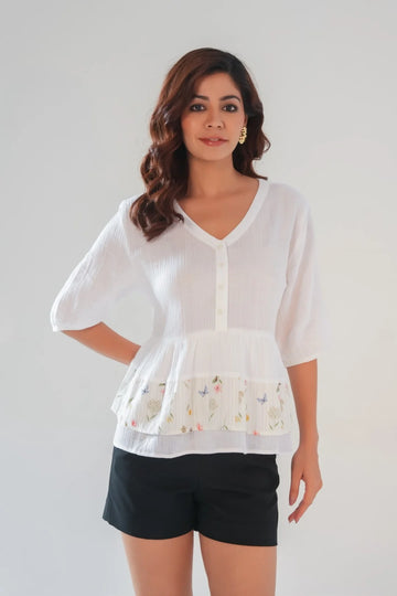 White Cotton Peplum Top with Floral Print