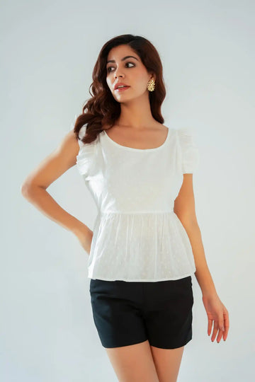 White Swiss Dot Ruffle Sleeve Peplum Top with Back Bow