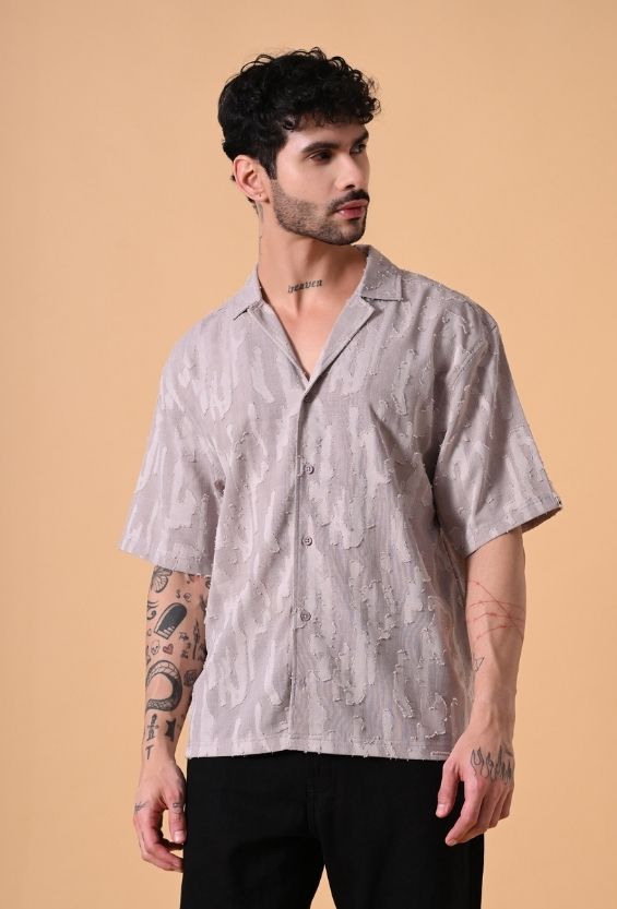 Beige Jacquard Oversized Fit Men's Oversized Shirts for Men