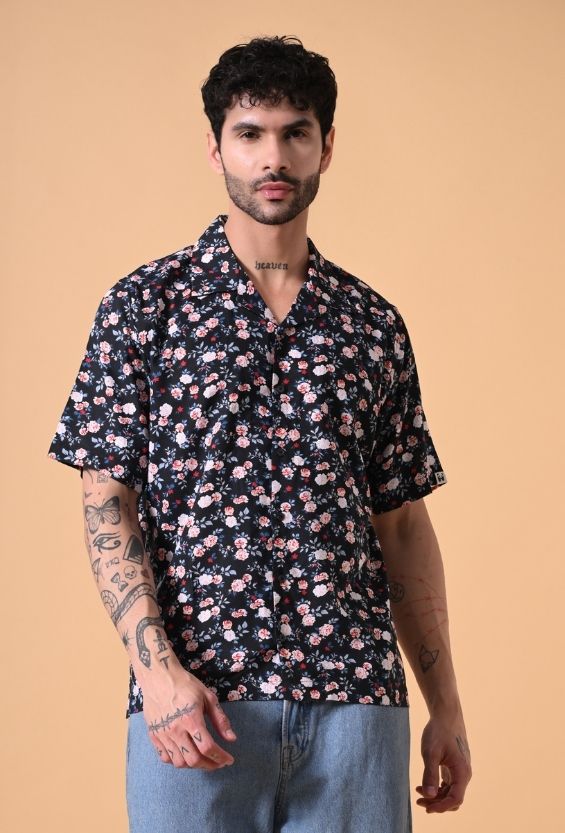 DrapePanda Men's Midnight Navy Men's Cuban Collar Shirts | Floral Print