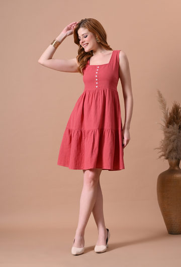 Women's Coral Cotton Tiered Dress