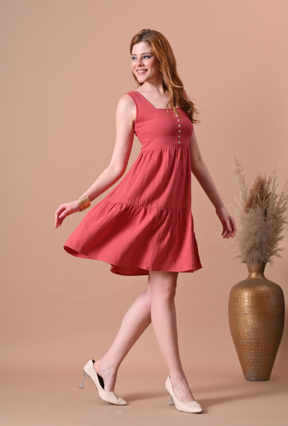 Women's Coral Cotton Tiered Dress