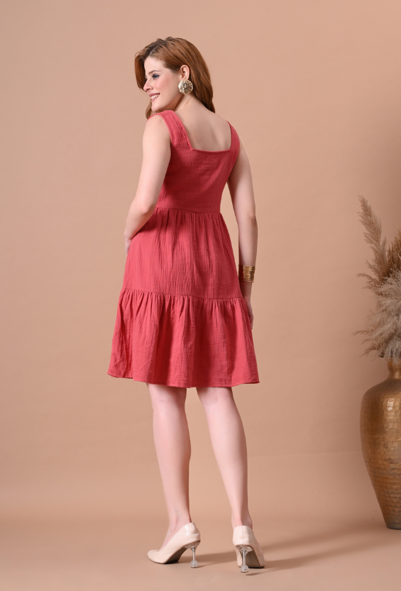 Women's Coral Cotton Tiered Dress