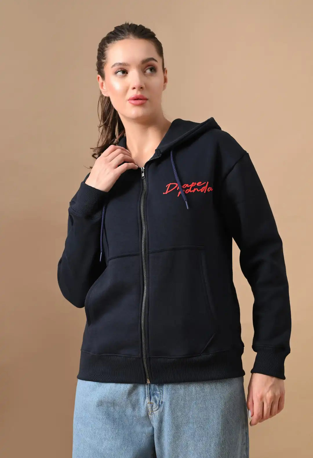 Women's Navy HD Print Zip up Hoodie