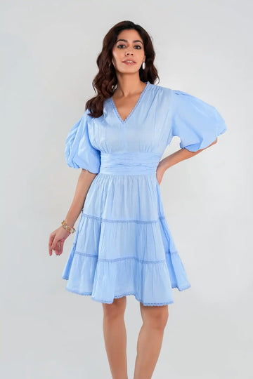 Front view of Blue Cotton Cottagecore Dress with balloon sleeves and lace trims – summer outfit