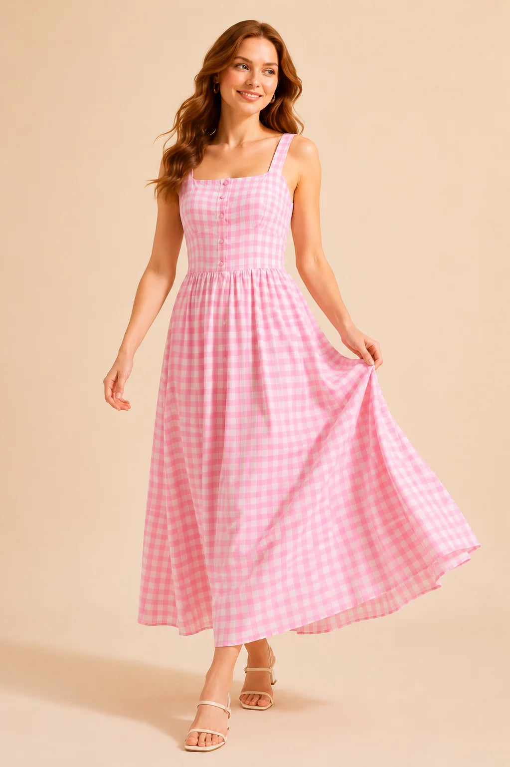 Pink Rayon Gingham Women's Printed Midi Dresses for Women