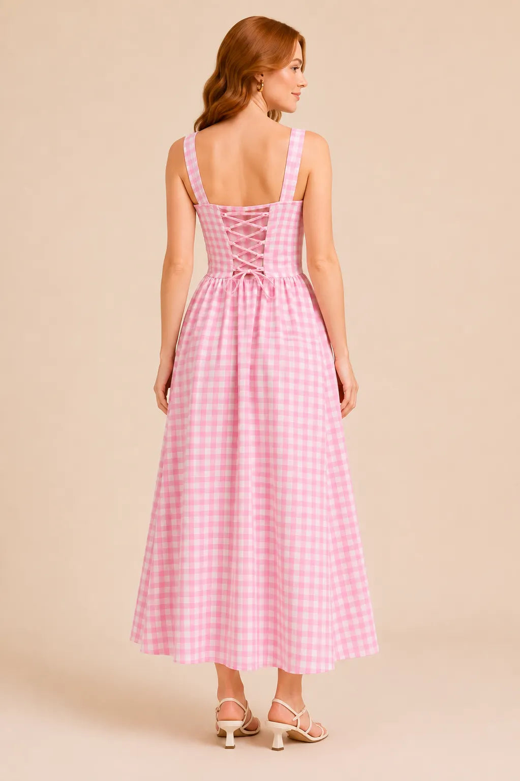 Pink Rayon Gingham Women's Printed Midi Dresses for Women
