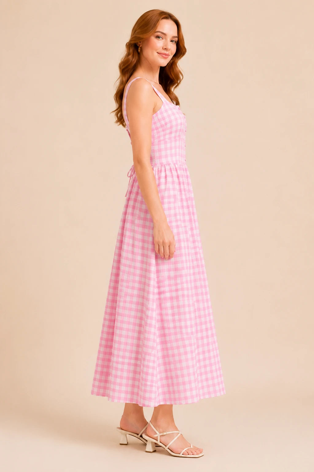 Pink Rayon Gingham Women's Printed Midi Dresses for Women