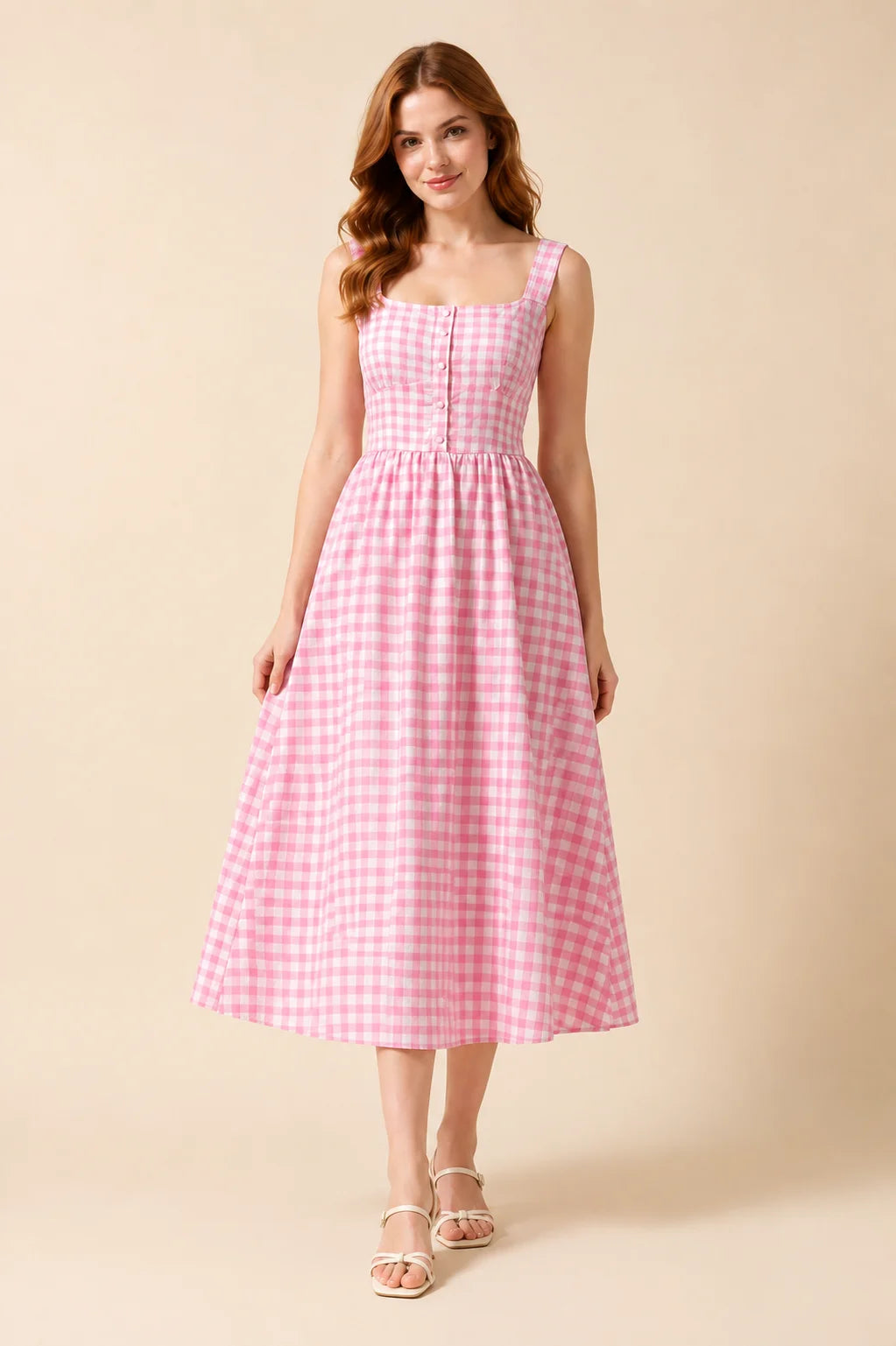 Pink Rayon Gingham Women's Printed Midi Dresses for Women