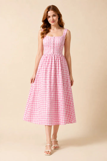 Pink Rayon Gingham Women's Printed Midi Dresses for Women