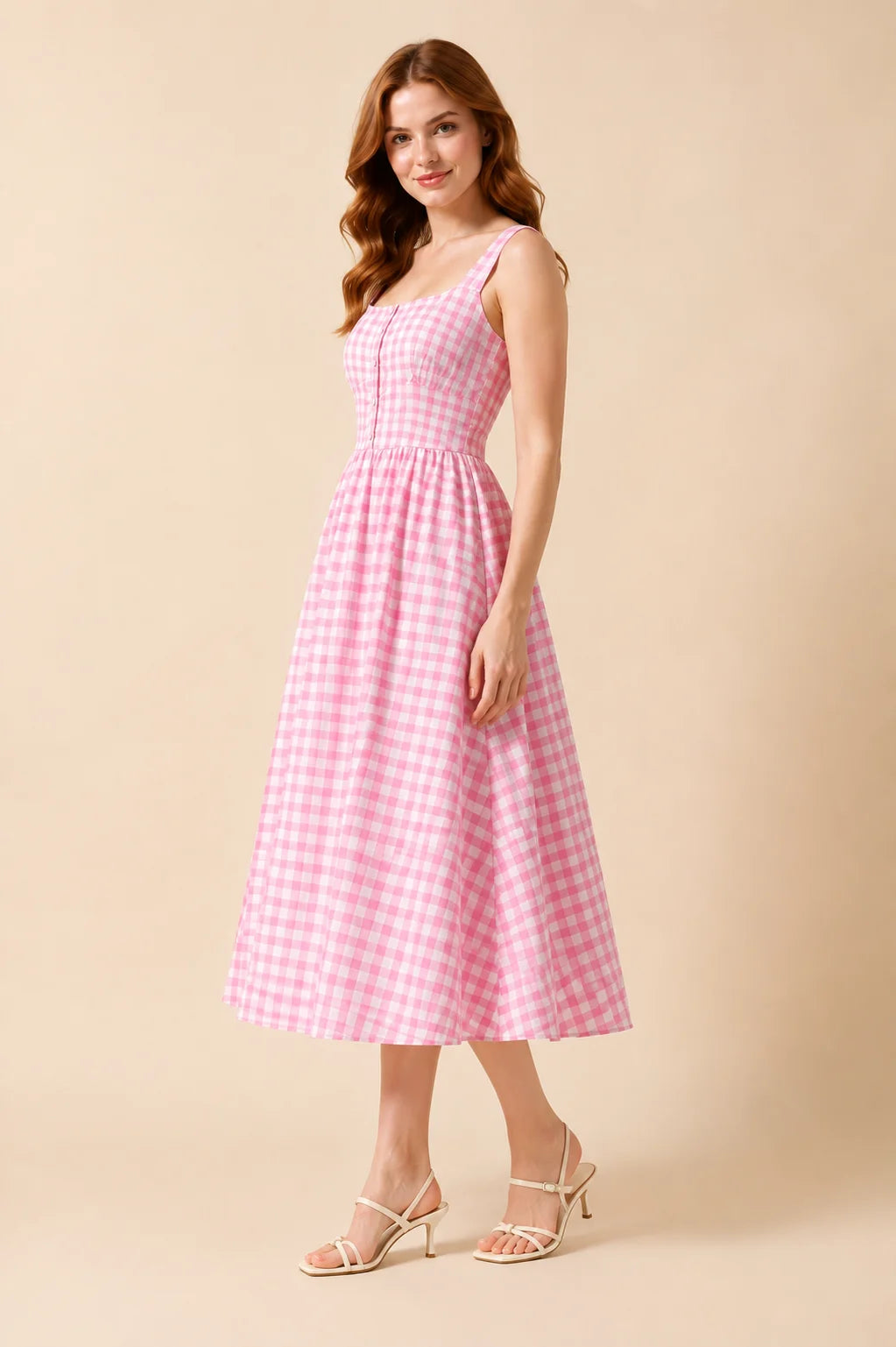 Pink Rayon Gingham Women's Printed Midi Dresses for Women