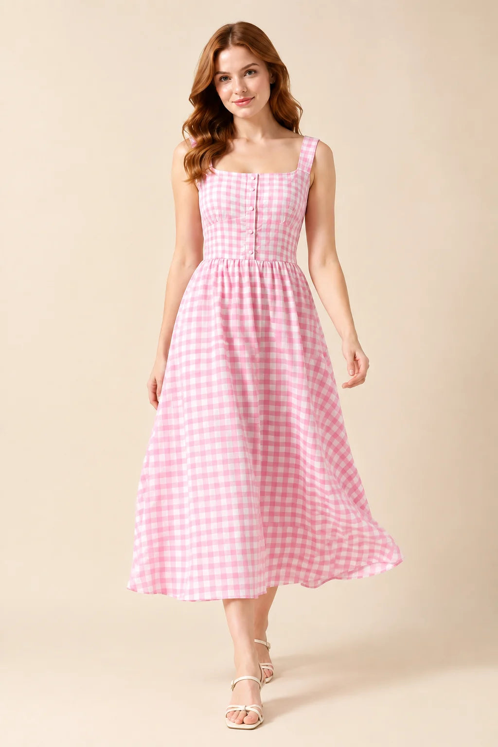 Pink Rayon Gingham Women's Printed Midi Dresses for Women