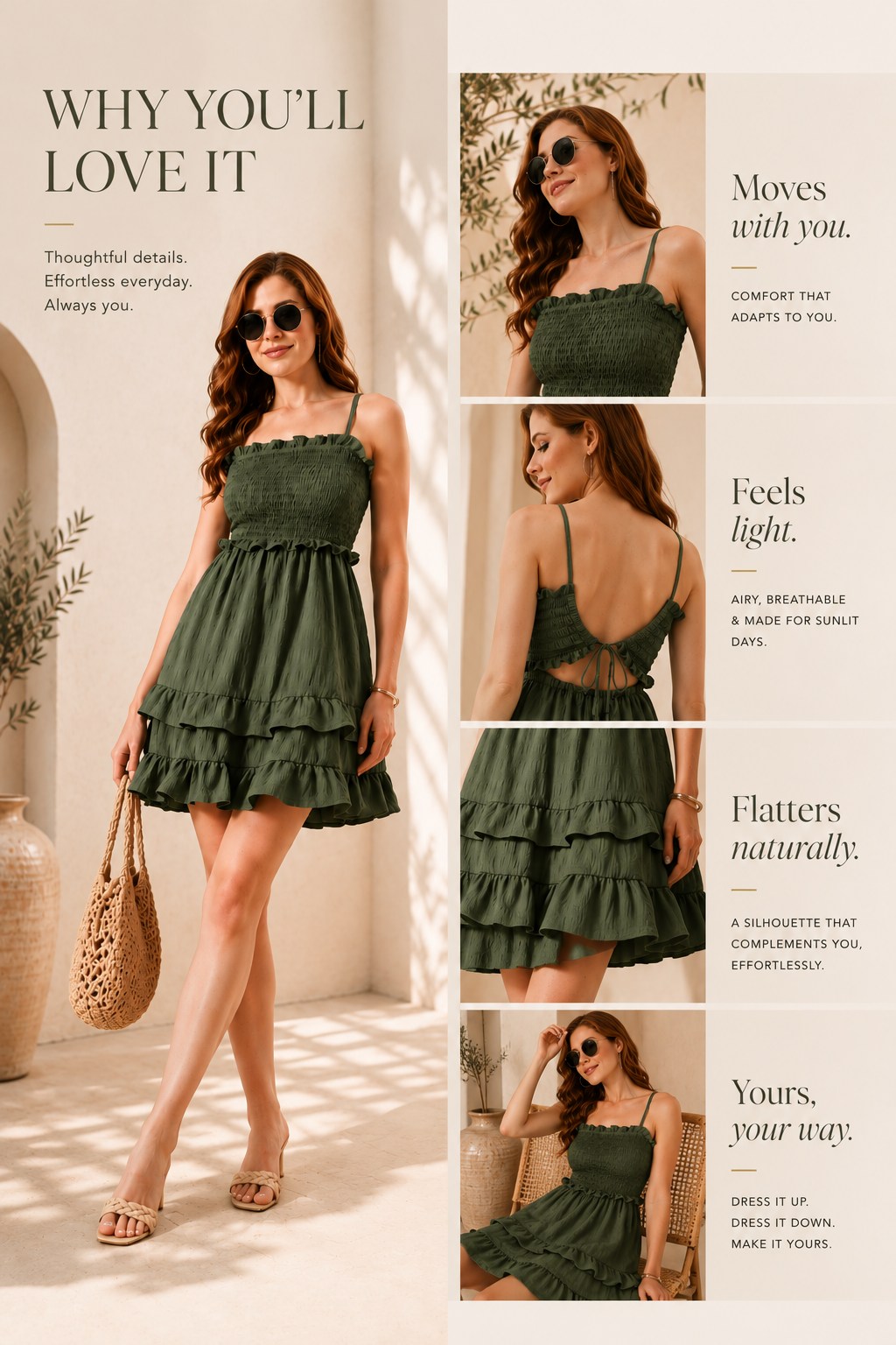 Olive Green Smocked Women's Smocked Dresses for Women