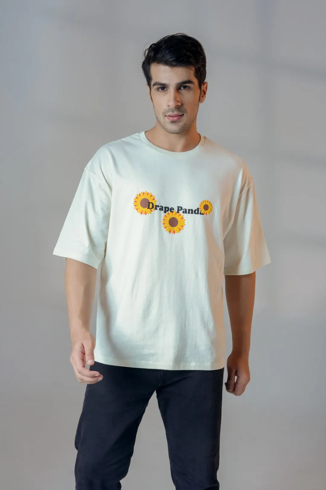 White Graphic Sunflower Puff Print Oversized Tee