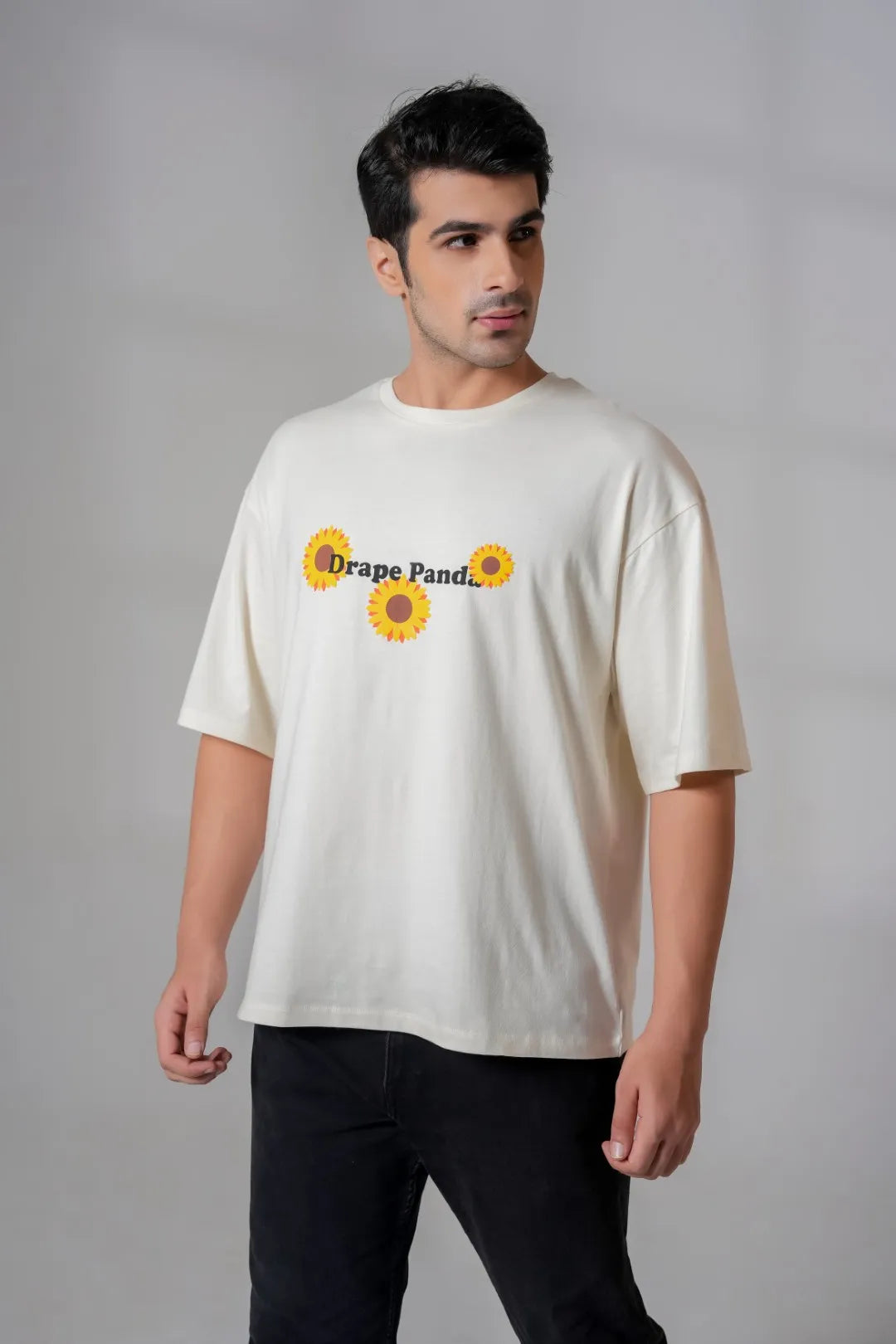 White Graphic Sunflower Puff Print Oversized Tee