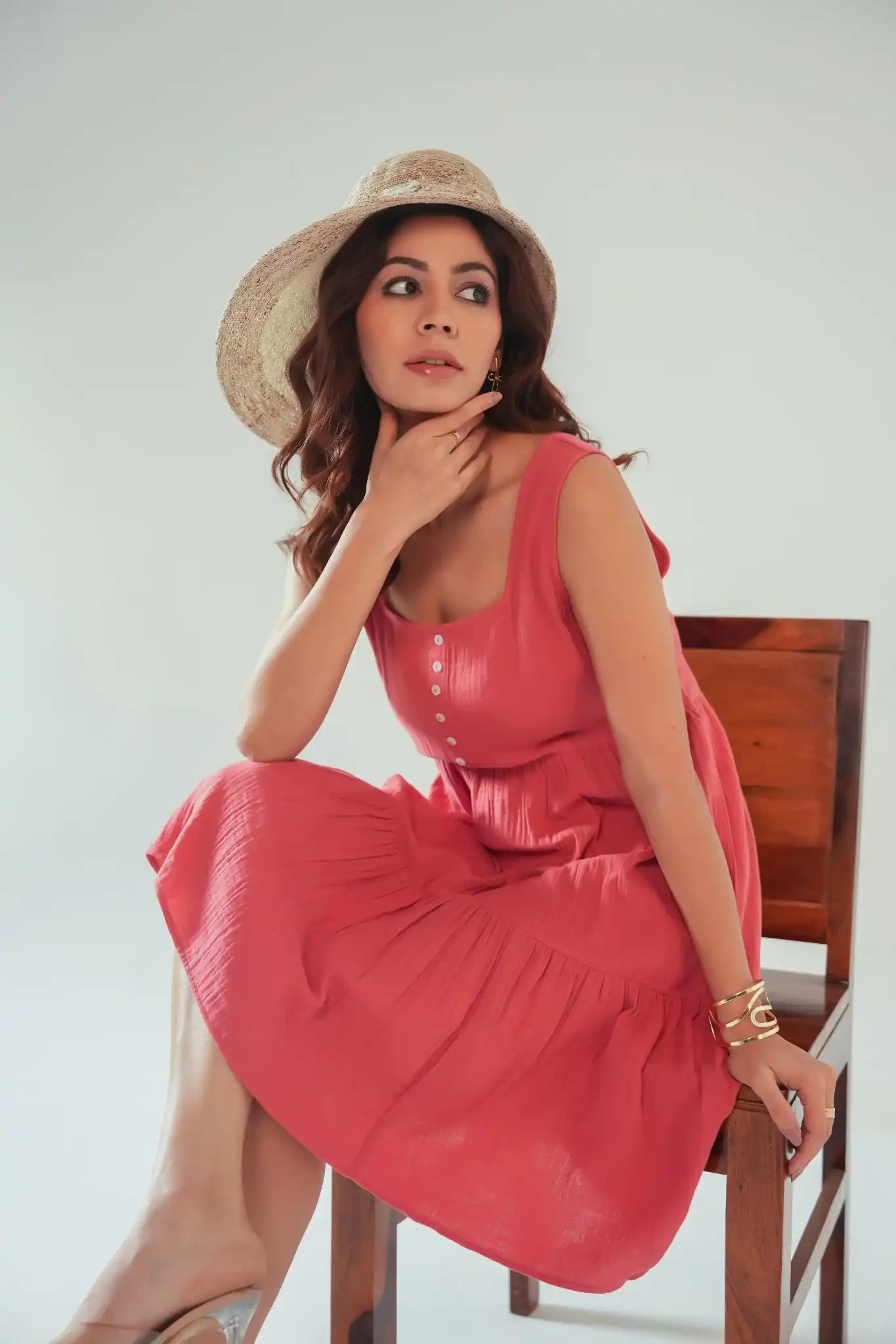 Women's Coral Cotton Tiered Dress