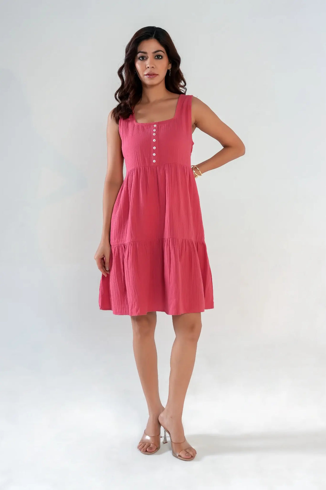 Women's Coral Cotton Tiered Dress