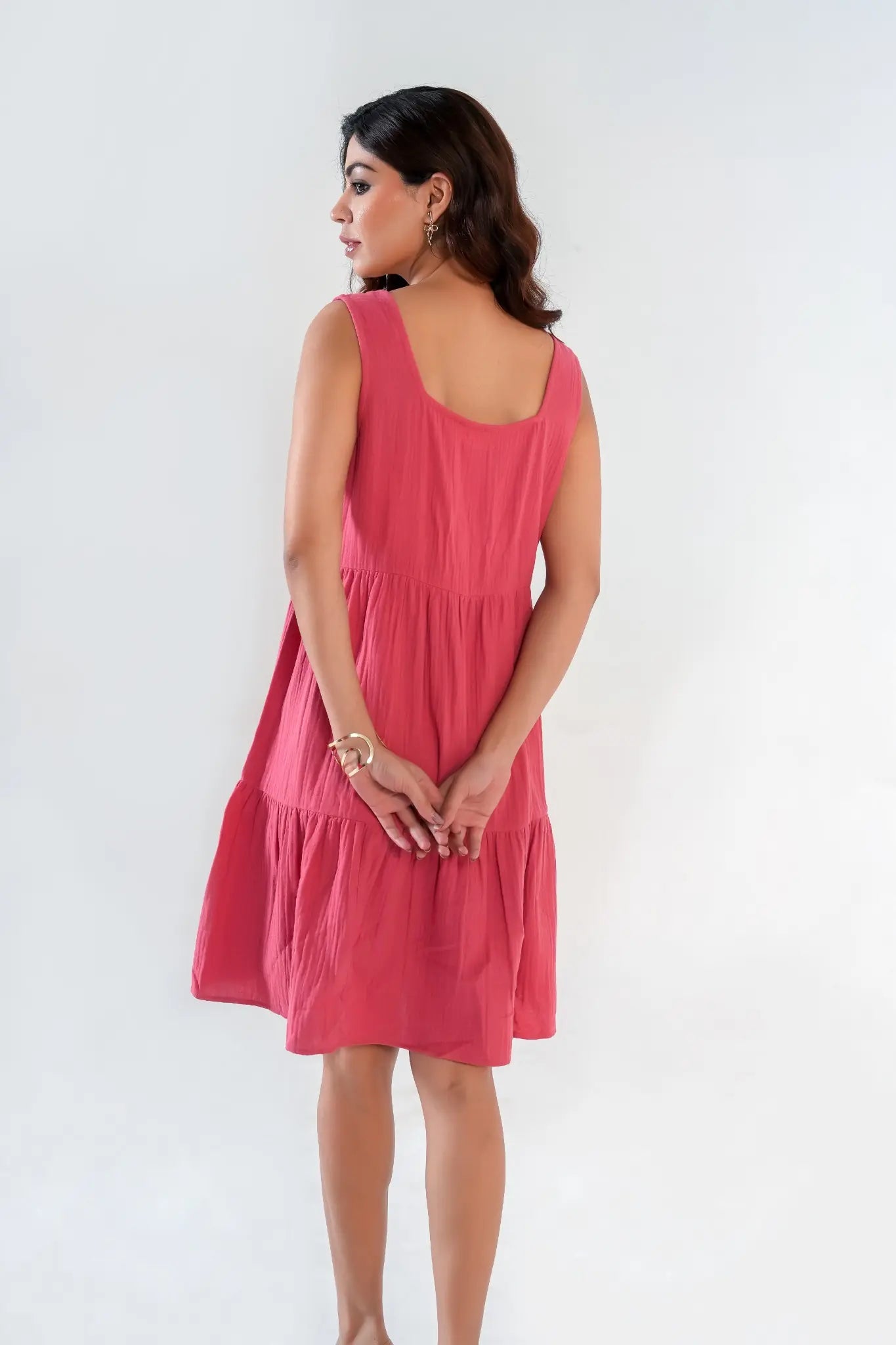 Women's Coral Cotton Tiered Dress