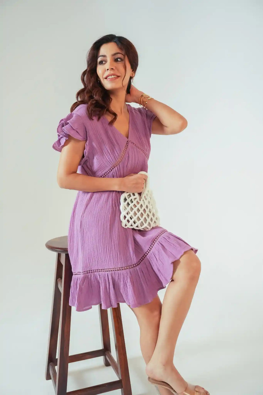 Purple Cotton Ruffle Sleeve & Hem Short Dress
