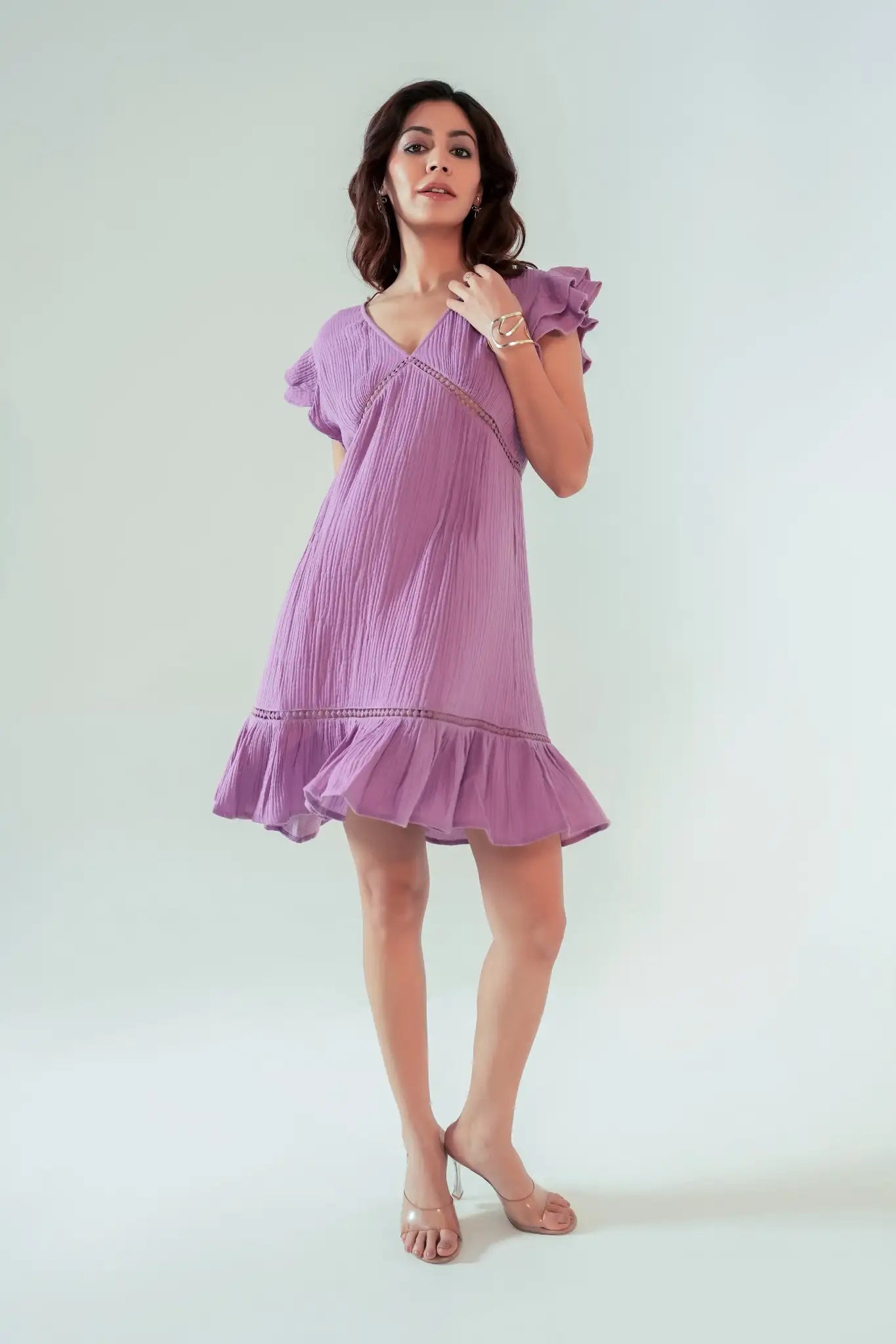 Purple Cotton Ruffle Sleeve & Hem Short Dress