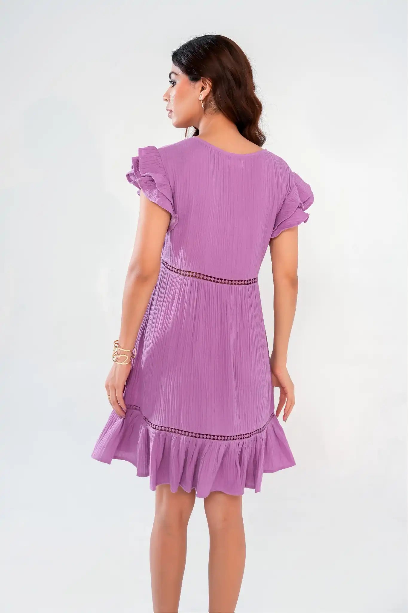 Purple Cotton Ruffle Sleeve & Hem Short Dress