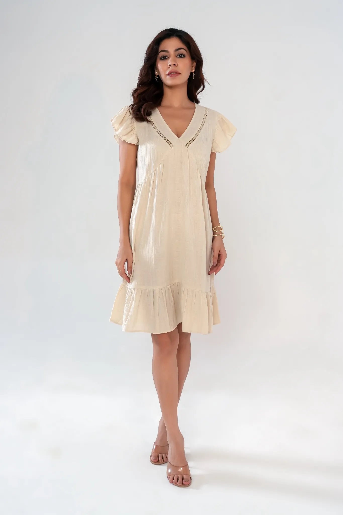 Beige Cotton Lace Insert Ruffle Sleeves & Hem Dress