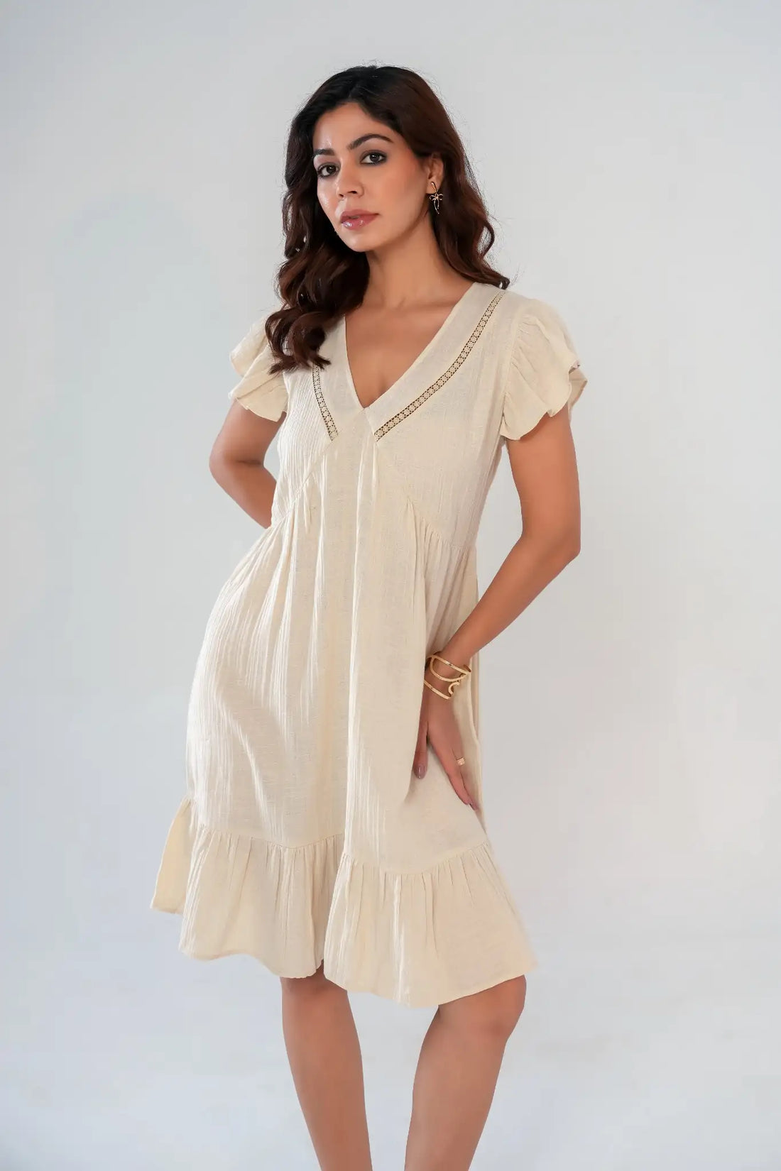 Beige Cotton Lace Insert Ruffle Sleeves & Hem Dress