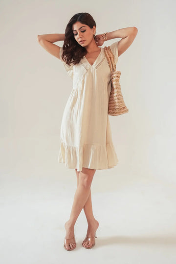 Beige Cotton Lace Insert Ruffle Sleeves & Hem Dress