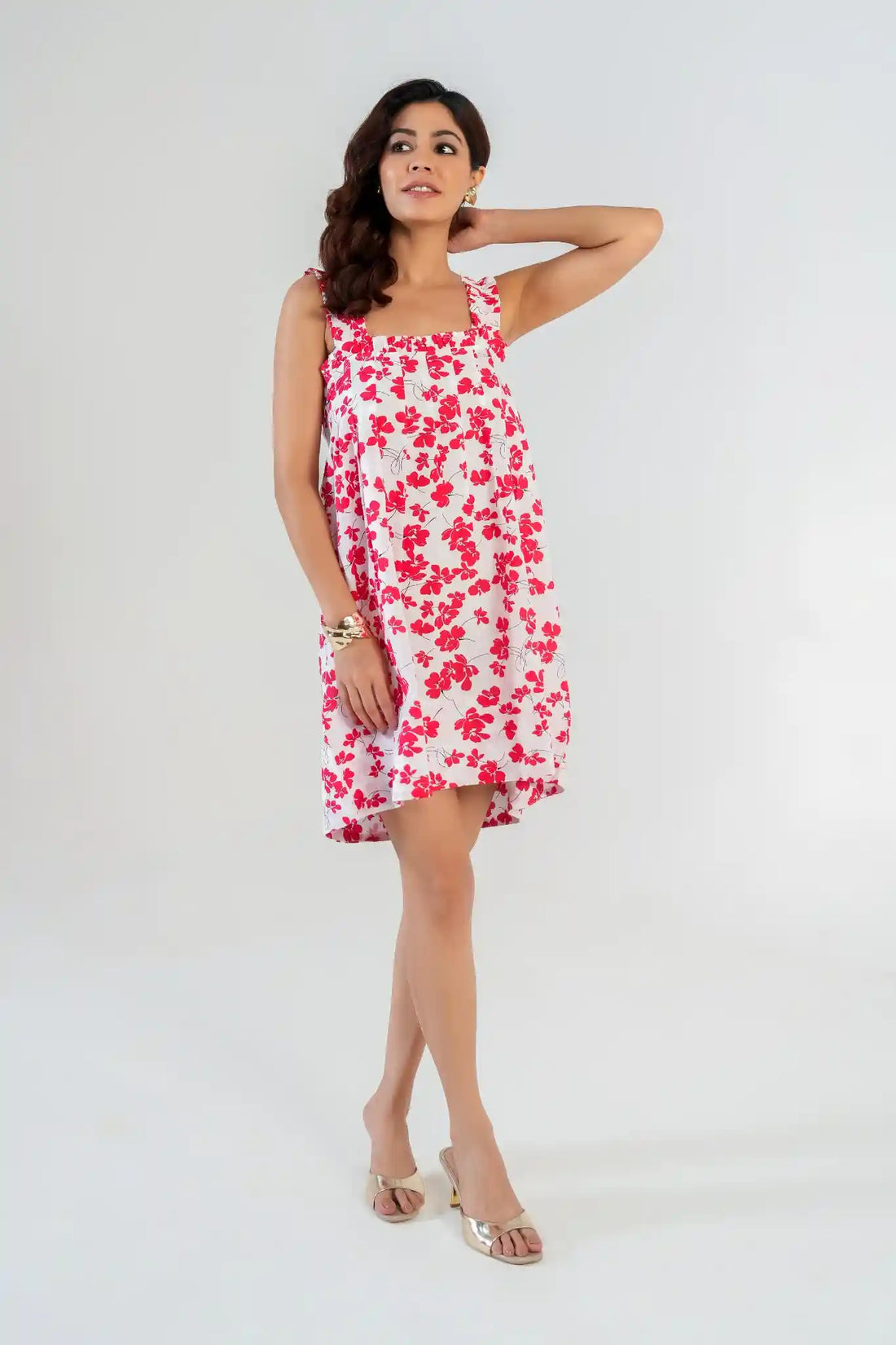 Women's White & Red Floral Print Sundress with Ruffle Straps