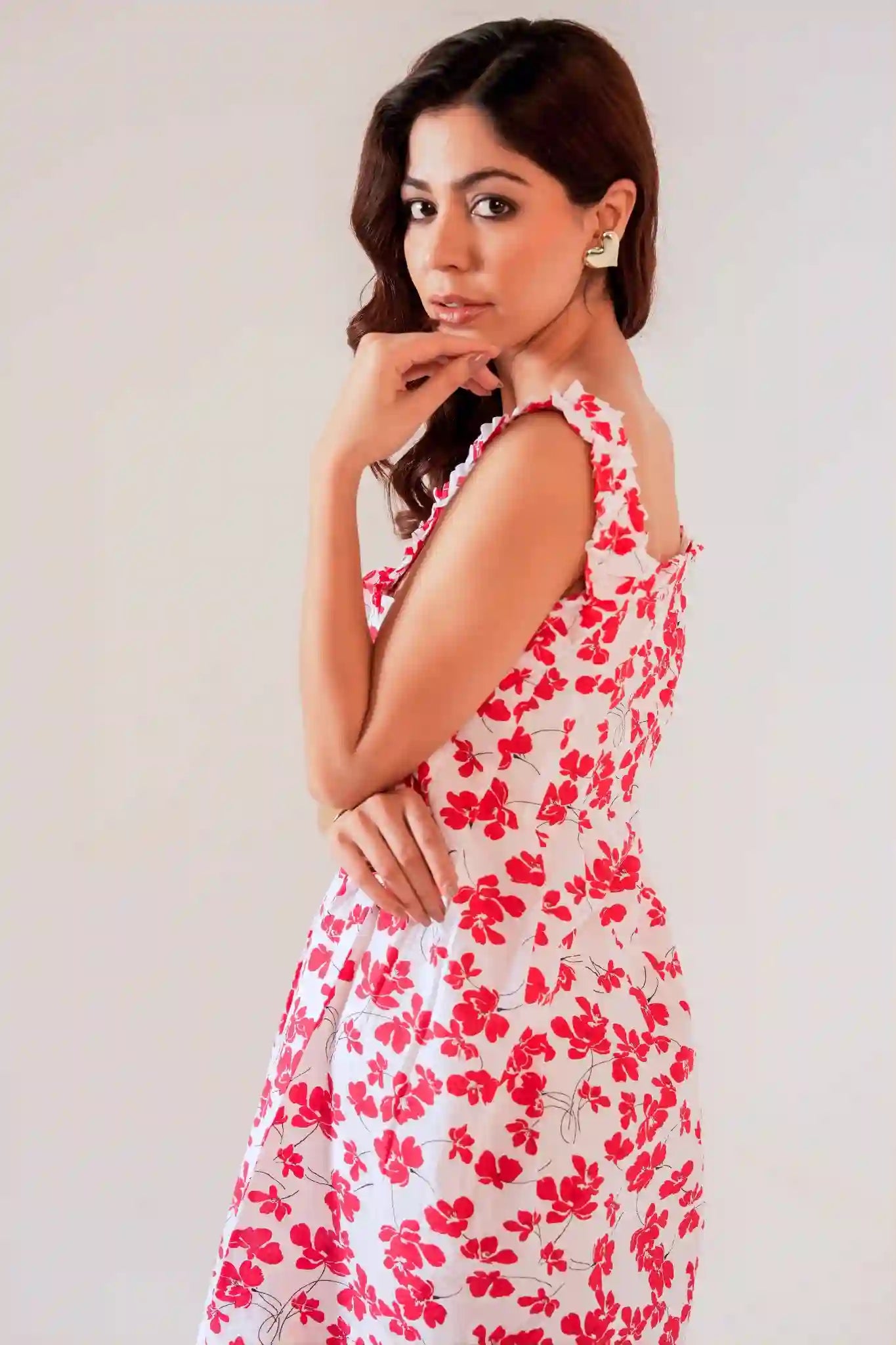Women's White & Red Floral Print Sundress with Ruffle Straps