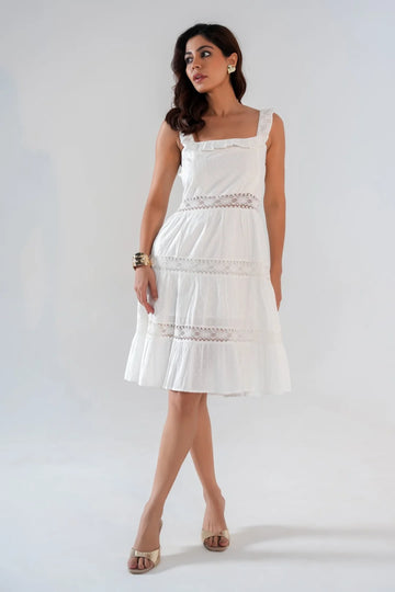 White Swiss Dot Ruffle Strap Lace Dress
