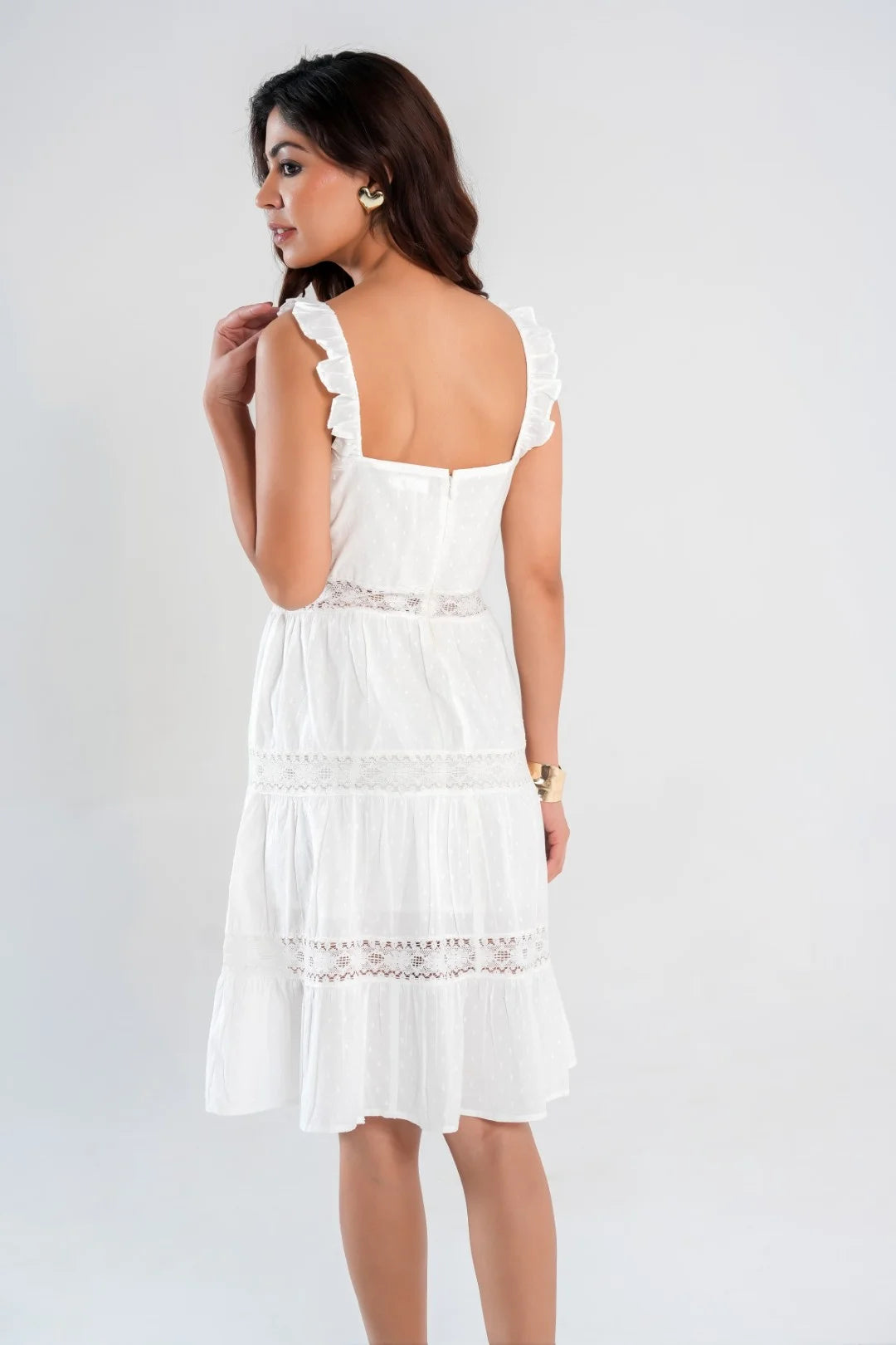 White Swiss Dot Ruffle Strap Lace Dress