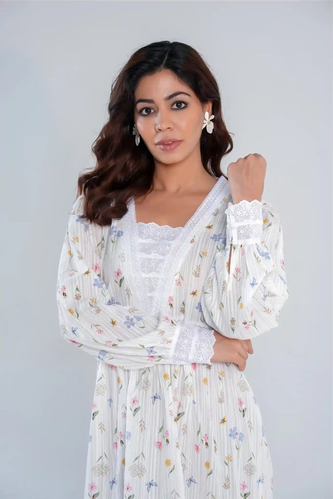 White Floral Lace Insert Long Sleeve Dress