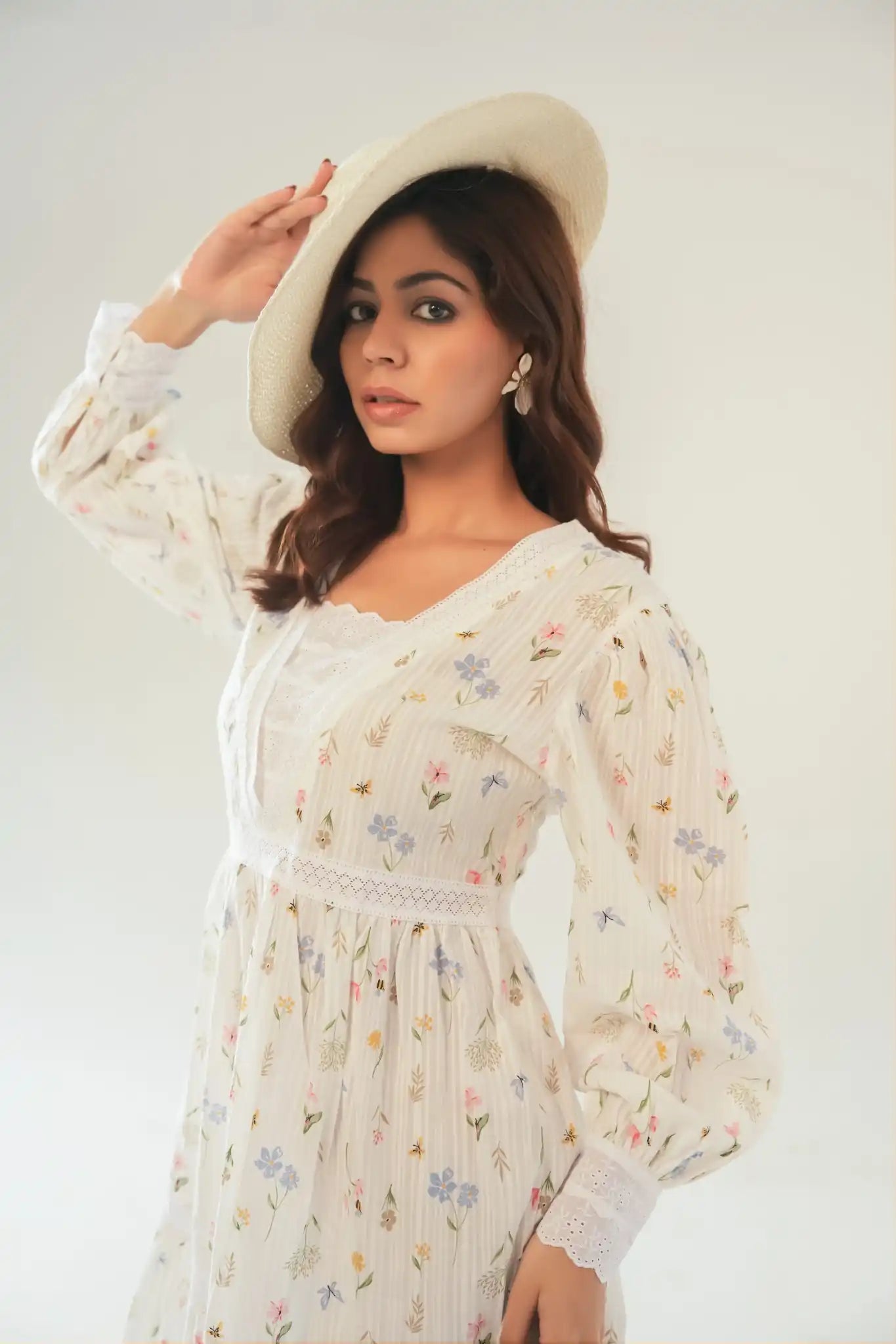 White Floral Lace Insert Long Sleeve Dress