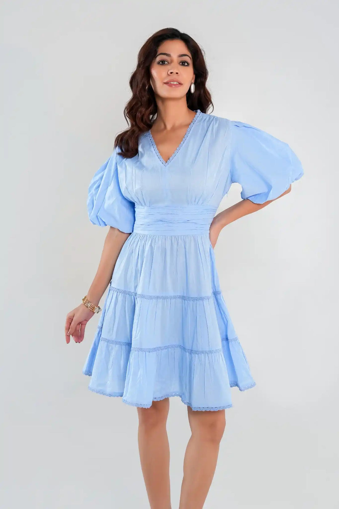 Women's Blue Tiered Dress with Balloon Sleeves and Lace detail