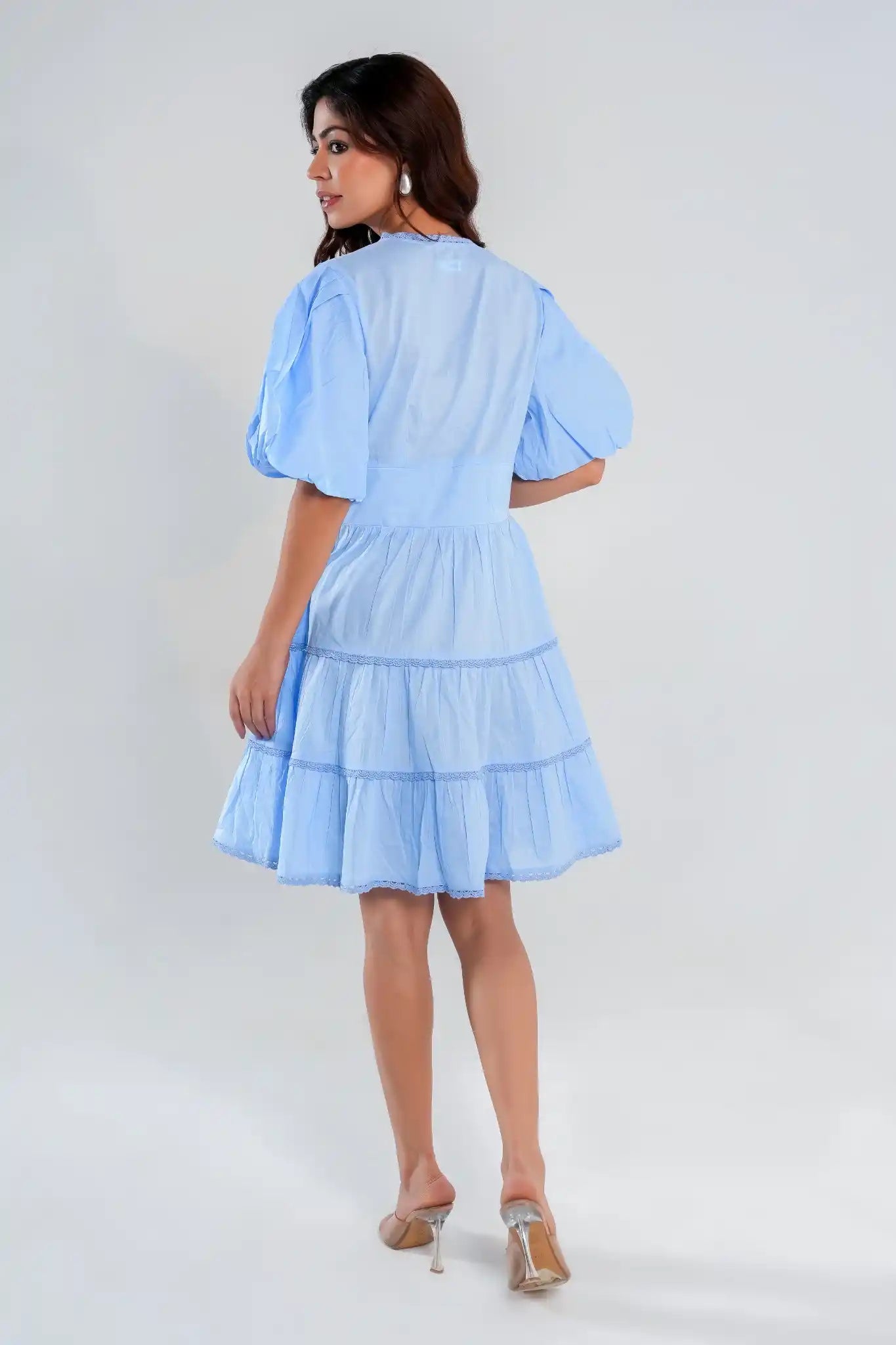 Women's Blue Tiered Dress with Balloon Sleeves and Lace detail