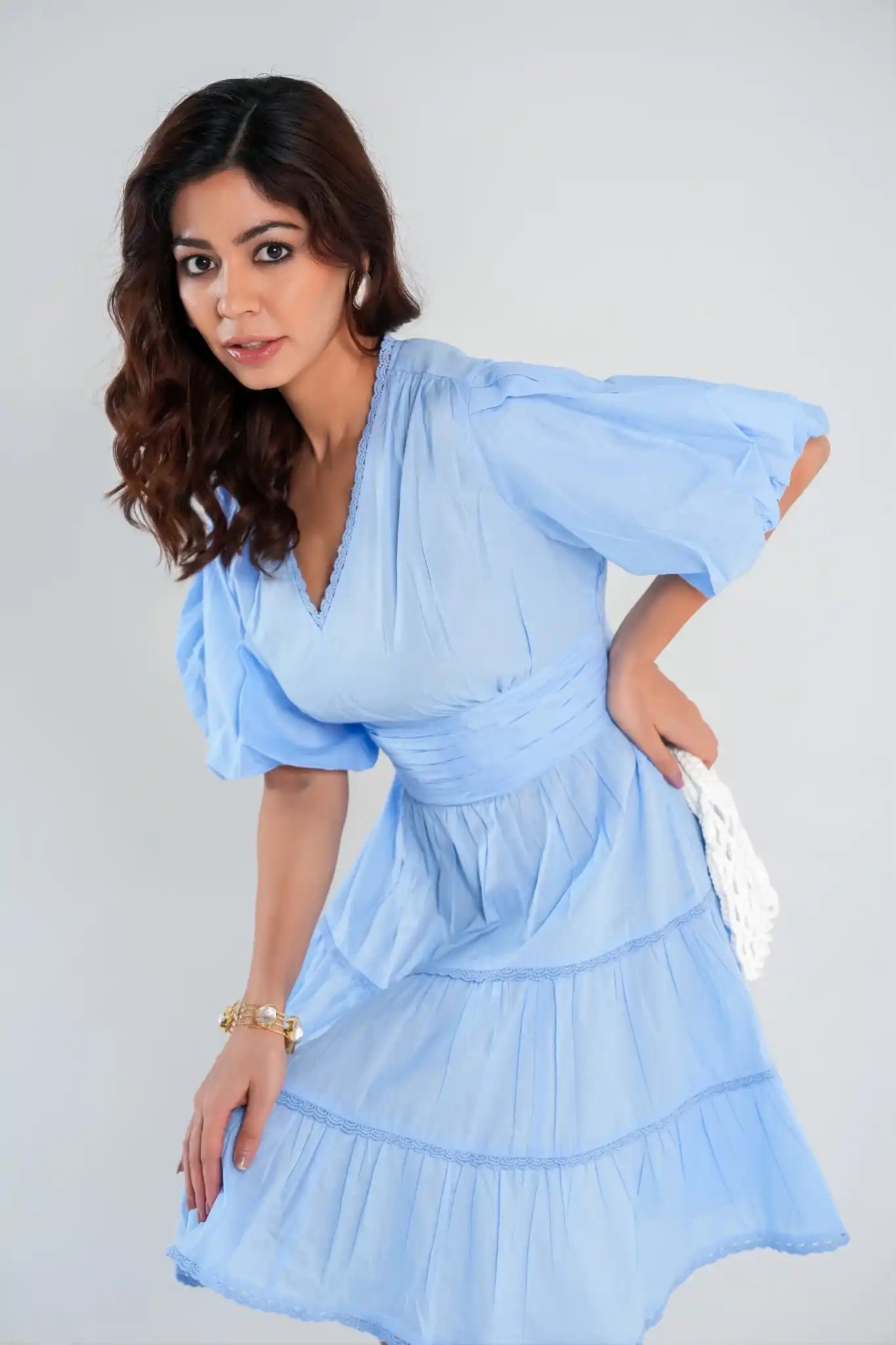 Women's Blue Tiered Dress with Balloon Sleeves and Lace detail