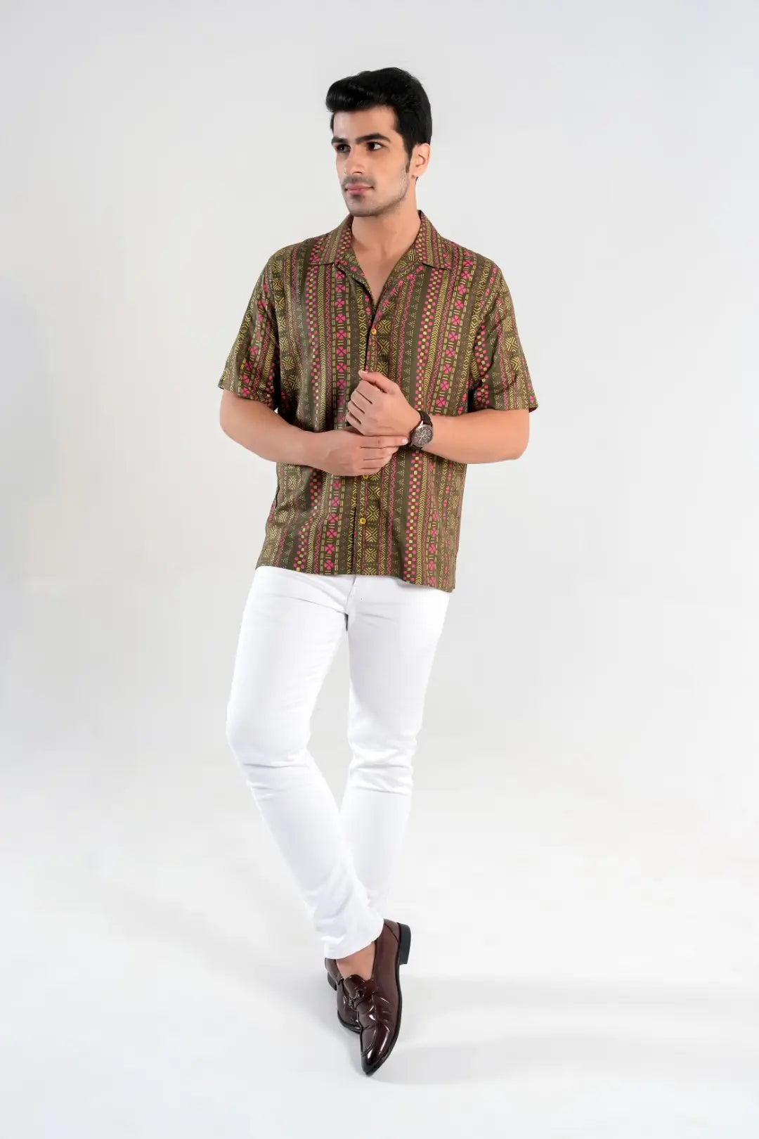 Olive Green  Short Sleeve Oversized Shirt with Geometric Print
