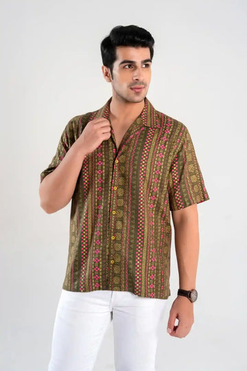 Olive Green  Short Sleeve Oversized Shirt with Geometric Print