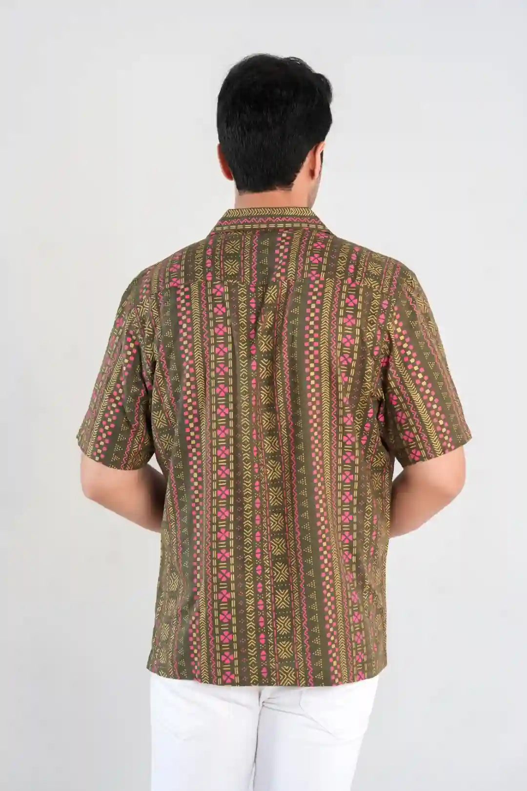Olive Green  Short Sleeve Oversized Shirt with Geometric Print